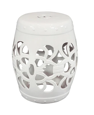 Knotted Quatrefoil Ceramic Garden Stool Side Table - Indoor or Outdoor - 18-Inch H - White Glazed Finish