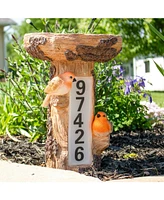 Staked Country Tree Stump Bird Bath with Solar Lighted Address Plate and Custom Number Stickers Set - 15.5-Inch H