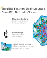 Glass Bird Bath Bowl - 11" Diameter - Includes Deck Clamp and Staked Stand - Exquisite Feathers