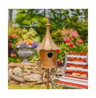 Outdoor Copper Finish Iron Gramophone Roof Birdhouse with Garden Stake for Garden Decor
