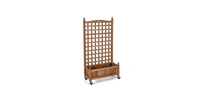 Outdoor Solid Wood Raised Garden Bed Mobile Planter Box with Trellis on Wheels