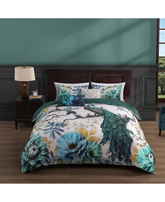 Bebejan Peacock Jardin Bedding 100% Cotton Sateen 5 Piece King Size Reversible Comforter Set