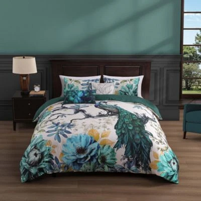 Bebejan Peacock Jardin Bedding 100 Cotton Sateen 5 Piece Reversible Comforter Set