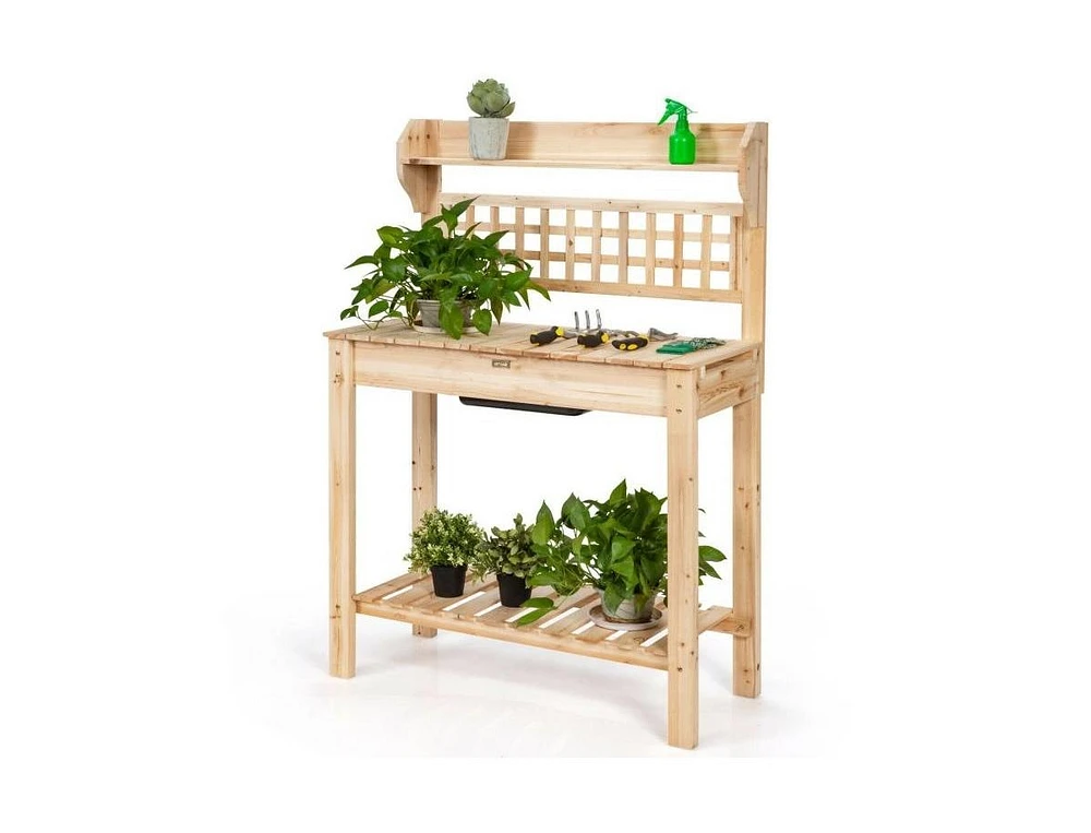 Garden Potting Bench Table with Bottom Shelf and Removable Sink for Outdoor Gardening