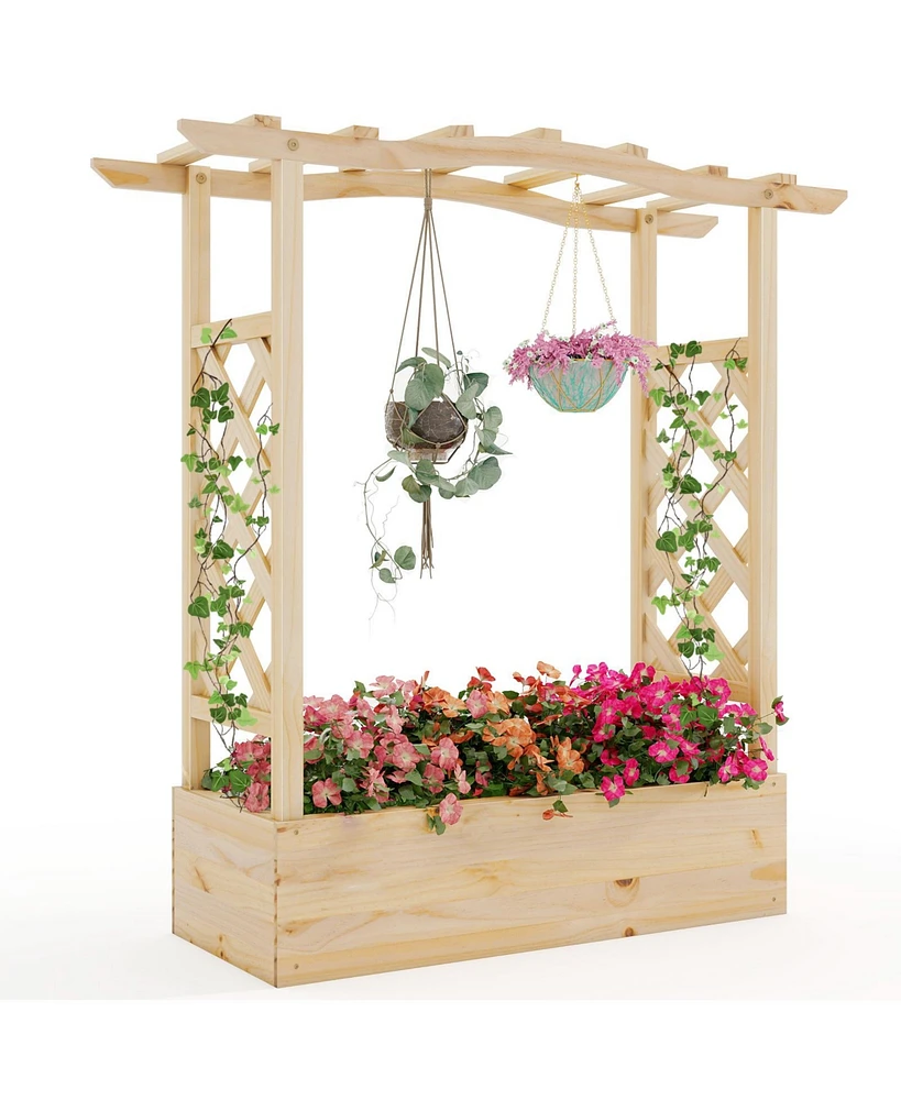 Wooden Raised Garden Bed Planter Box with Trellis and Hanging Roof
