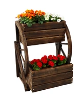 Wagon Wheel 2-Tier Rustic Wood Plant Stand - Tiered Garden Box - For Patio, Garden