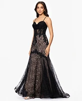Blondie Nites Juniors' Lace Sweetheart-Neck Lace-Up-Back Gown