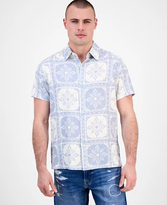 Guess Men's Mosley Short Sleeve Tile Print Button-Front Shirt