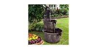 Outdoor 2-Tier Rustic Barrel Water Fountain with Submersible Pump for Garden Decoration