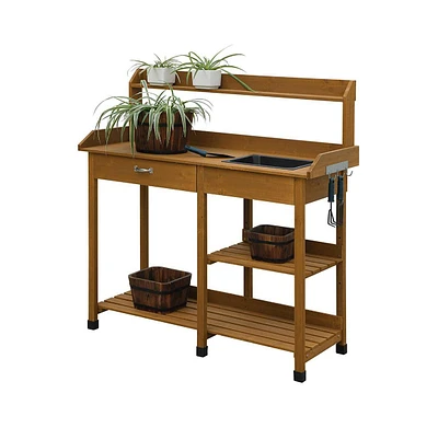 Modern Garden Potting Bench Table with Sink, Storage Shelves, and Drawer for Outdoor Gardening