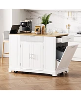 Fluted Kitchen Island with Trash Storage, Outlets, Internal Rack, and Rollers