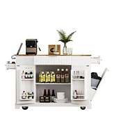 Fluted Kitchen Island with Trash Storage, Outlets, Internal Rack, and Rollers