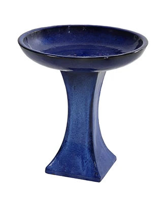 Ceramic Bird Bath for Outside - 16" H - Uv- and Frost-Resistant - Pedestal Bird Bath - Blue Glazed Bowl