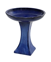 Ceramic Bird Bath for Outside - 16" H - Uv- and Frost-Resistant - Pedestal Bird Bath - Blue Glazed Bowl