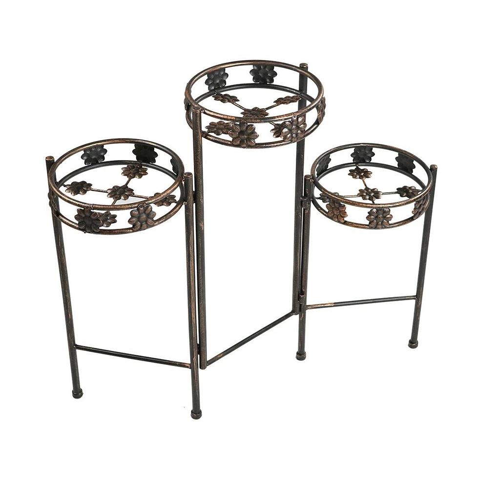 Indoor/Outdoor Steel 3-Tiered Folding Decorative Potted Flower Plant Stand Display - 29" - Bronze