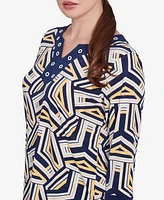 Alfred Dunner Women's Block Island Geometric Grommet Trim Top