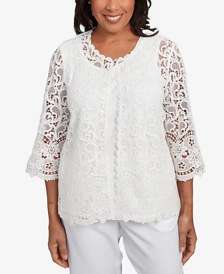 Alfred Dunner Women's Estate of Mind Embellished Lace Two One Crew Neck Top