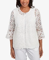 Alfred Dunner Women's Estate of Mind Embellished Lace Two One Crew Neck Top