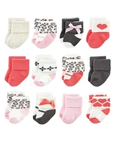 Luvable Friends Baby Girls Newborn Terry Socks, Leopard, 6-12 Months