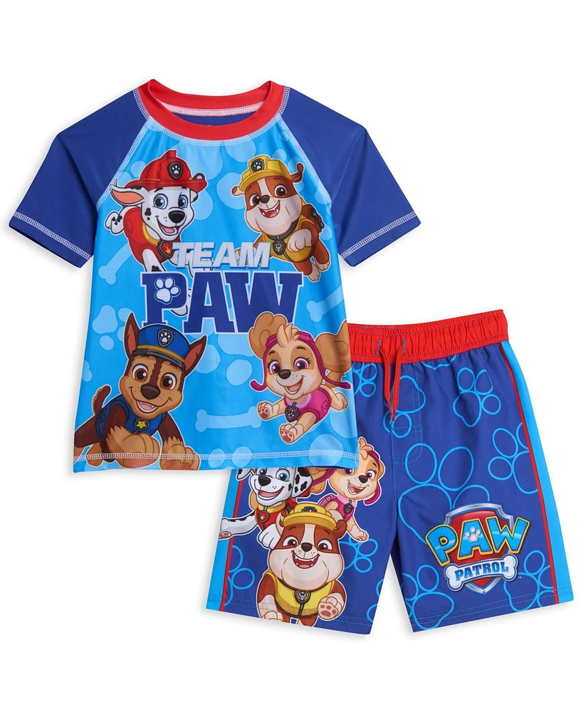 Paw Patrol Boys Pullover Rash Guard and Swim Trunks Outfit Set