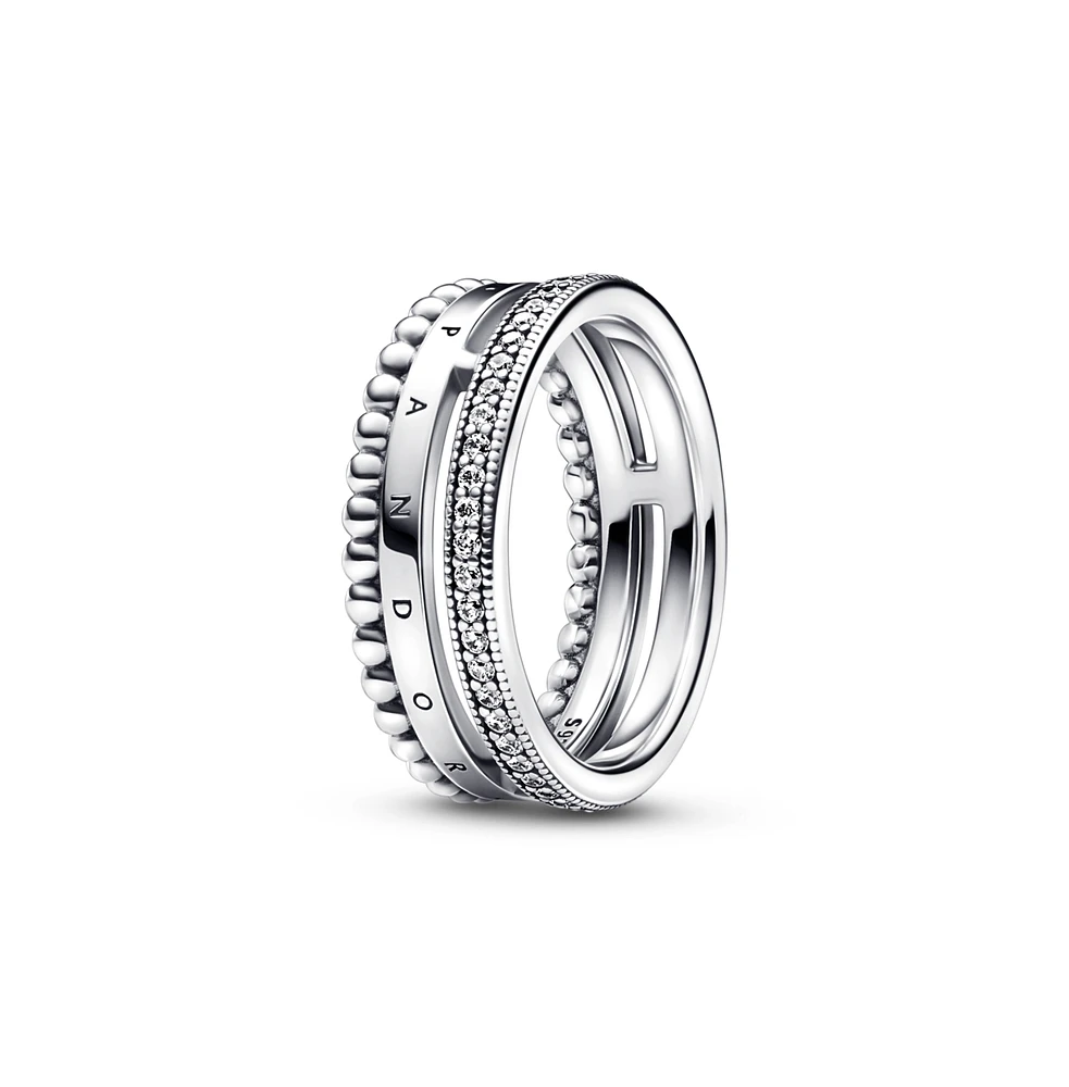 Pandora Sterling Silver Signature Logo Pave and Beads Ring