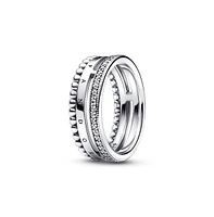 Pandora Sterling Silver Signature Logo Pave and Beads Ring