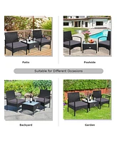 Gymax 3 Pcs Patio Wicker Rattan Furniture Set Coffee Table & 2 Rattan Chair W/Cushion