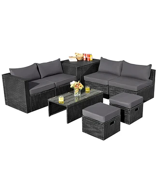Gymax 8PCS Rattan Patio Sectional Furniture Set w/ Waterproof Cover & Cushions