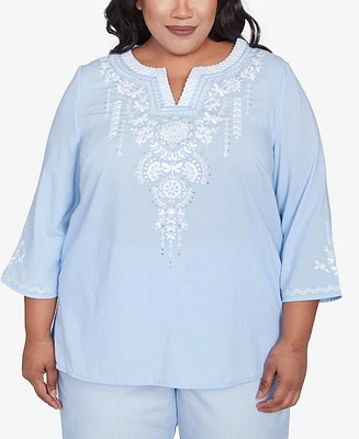 Alfred Dunner Plus St. Thomas Embroidered Sky Blue Top