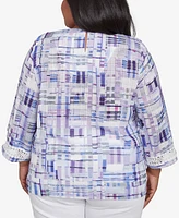 Alfred Dunner Plus Crystal Springs Watercolor Plaid Lace Neck Top