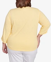 Alfred Dunner Plus Rise and Shine Sunny Floral Embroidered Split Neck Top
