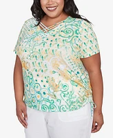 Alfred Dunner Plus Rise and Shine Tropical Geometric Patchwork Top
