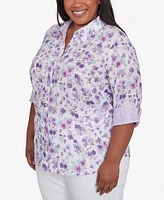 Alfred Dunner Plus Crystal Springs Floral Contrast Cuff Button Down Top