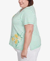 Alfred Dunner Plus Rise and Shine Lemon Printed Striped Top