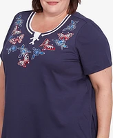 Alfred Dunner Plus Land of The Free Butterfly Crisscross Crew Neck Top