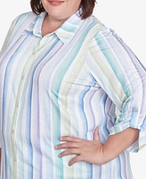 Alfred Dunner Plus St. Thomas Island Mint Stripe Knit Button Front Top