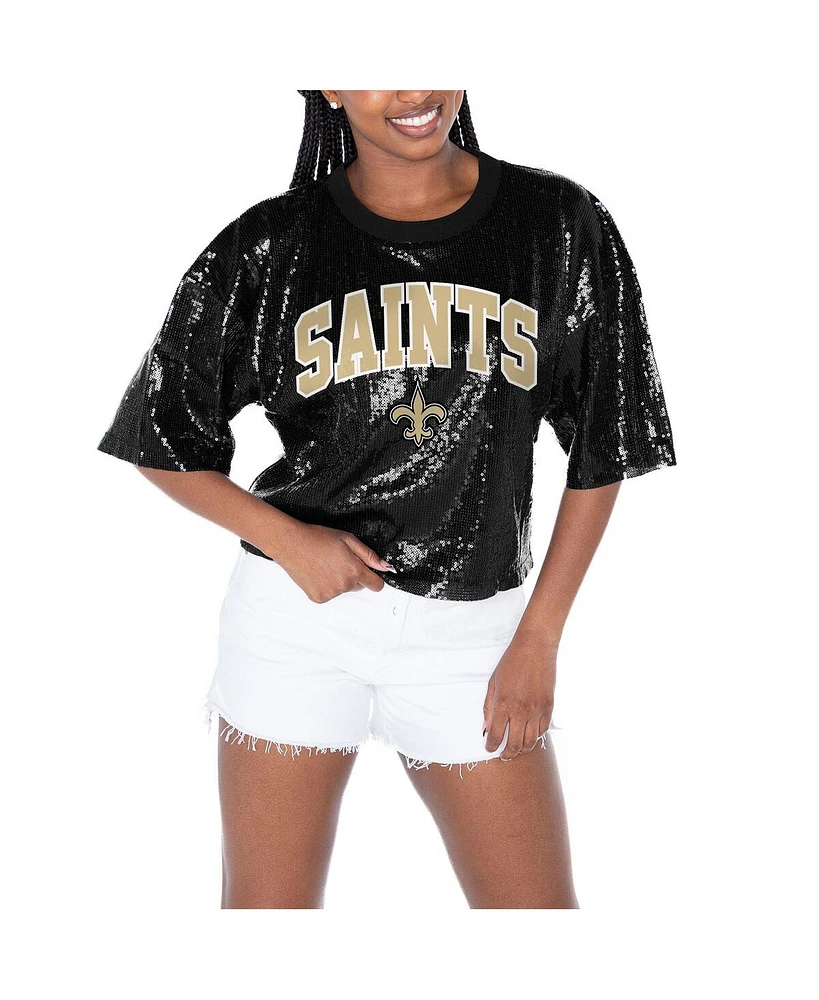 Gameday Couture Women's Black New Orleans Saints Rise Up Sequin Cropped T-Shirt