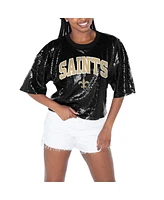 Gameday Couture Women's Black New Orleans Saints Rise Up Sequin Cropped T-Shirt