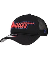 New Era Men's Black Philadelphia Phillies Retro Bold A-Frame Trucker 9FORTY Adjustable Hat