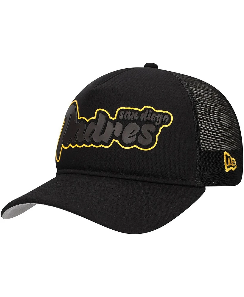 New Era Men's Black San Diego Padres Retro Bold A-Frame Trucker 9FORTY Adjustable Hat