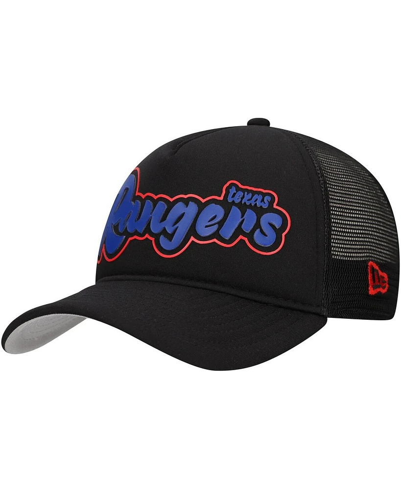 New Era Men's Black Texas Rangers Retro Bold A-Frame Trucker 9FORTY Adjustable Hat