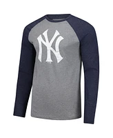 Fanatics Men's Heather Gray/Heather Navy New York Yankees Weathered Logo Tri-Blend Raglan Long Sleeve T-Shirt