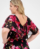 Connected Plus Floral Cape-Overlay Maxi Dress