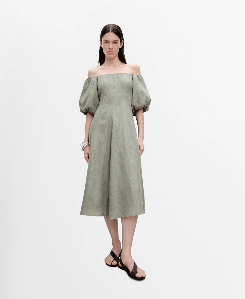 Mango Women's Puffed-Sleeve Linen Dress