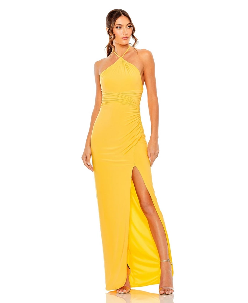 Mac Duggal Women's Halter Neck Ruched Side Front Slit Gown