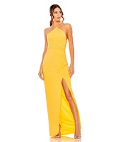 Mac Duggal Women's Halter Neck Ruched Side Front Slit Gown