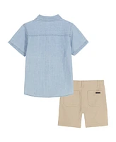 Calvin Klein Baby Boys 2-Piece Enzyme-Washed Denim Button Front Shirt and Twill Shorts Set