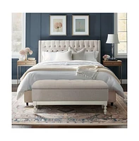 Tufted upholstered storage bench with soft-close lid, interior storage, and antique cream wood legs, perfect for bedrooms or entryways-The Pop Home