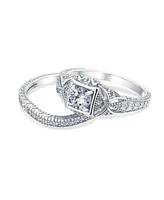 Bling Jewelry Deco Style Milgrain 1CTW Cubic Zirconia Promise Ring Set Sterling Silver