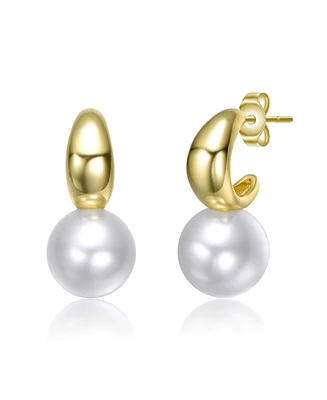 14K Gold Plated with White Pearl Huggie Design Drop Earrings